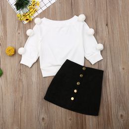 Girl's two-piece suit Toddler Baby Kids Girls Hairball Knit Tops+button Mini Skirt Warm Outfits Sets Cute baby clothes 2-6T