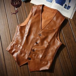 Men's Faux Leather Vest Fashion Single-breasted Slim V-neck Men's Leather Moto & Biker PU Vests Man Sleevele 201216294l