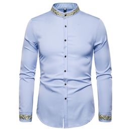 Mens Formal Dress Shirts Luxury Embroidery Stand Collar Long Sleeves Slim Fit Casual Business Banquet Shirt 6 Colours