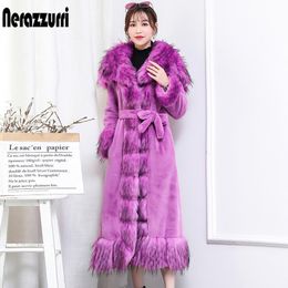 Nerazzurri plus size long faux fur coats for women 4xl 5xl 6xl 7xl thick warm purple black faux fur coat women with fox fur trim 201212