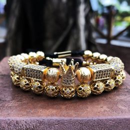 Men bracelet 2pcs/set Charm Luxury Gold Men Male Beads Bracelet Crown Cz Zircon Braided for Women bracelets Y200730