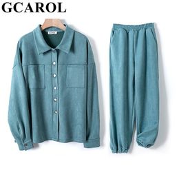 GCAROL Women'tracksuits Velvet Two Pieces Sets Drop Shoulder Oversized Single-Breasted Jacket Elastic Waist Overalls Cargo Pants 201106