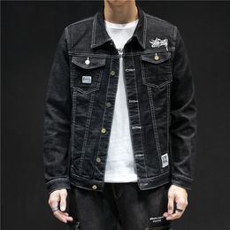 High quality casual and simple Men Slim embroidery blue & black Cotton Denim Jacket Hip Hop jeans Jackets Coat Plus Szie 5XL 201118