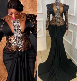 Plus 2022 Size Arabic Aso Ebi Black Luxurious Mermaid Prom Dresses Beaded Crystals Evening Formal Party Second Reception Birthday Gowns Dress