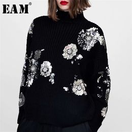 [EAM] Sequins Big Size Knitting Sweater Loose Fit Turtleneck Long Sleeve Women Pullovers New Fashion Tide Spring 1N529 201223