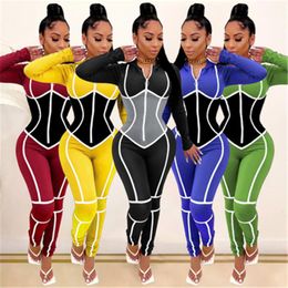 Damen Splicing Stripe Strampler Modetrend Langarm Reißverschluss Hose Kapuzen Jumpsuits Designer Winter Female Sports Casual Slim Strampler