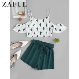 ZAFUL Cactus Print Open Shoulder Top And Shorts Set Short Sleeves High Waist Women Casual Two Pieces Set Streetwear T200325