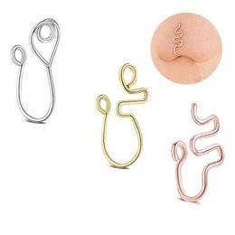 Snake Fake Nose Ring Clip on Nose No Piercing Wire Spiral Tragus Faux Nostril Cuff Earrings Simple Gold Silver Colour Jewellery