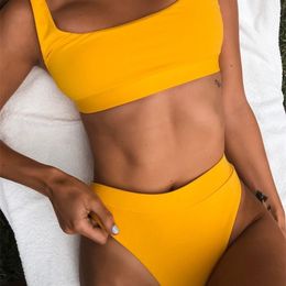 Yüksek Bel Mayo Şınav Seksi Sarı Mayo Kadın Spor Kırpma Bikini Setleri Kadın Plaj Mayo Brezilyalı Giysi T200508