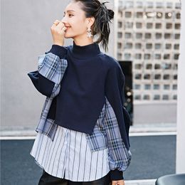 LANMREM new navy blue plaid patchwork stand collar casual loose Korean style sweatershirt autumn fashion tide for women 2A1236 201102