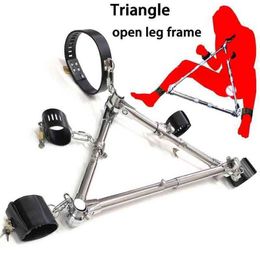 NXY Sex Adult Toy Stainless Steel Triangle Open Leg Spreader Bar Leather Restraints Collar Hand Ankle Cuffs Bdsm Bondage Toys for Couples1216