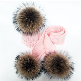 Girl boy Pom Beanie Warm Knitted Pompom Scarf Set Children Real Raccoon fur Pompon Winter Hat Skullies Y201024