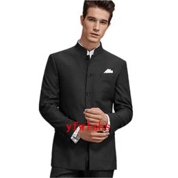 Custom-made Single breasted Groomsmen Mandarin Lapel Groom Tuxedos Men Suits Wedding/Prom/Dinner Best Man Blazer(Jacket+Pants+Tie) T243