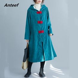 corduroy plus size solid vintage hooded women casual loose long autumn winter female trench coat clothes 201031