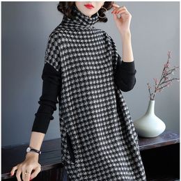 Plus Size Women Black Houndstooth Knitting Stretch Sweater Dress Winter Female Dresses Vestido Clothing Robes 201028