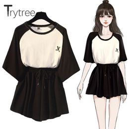 Trytree Summer Women two piece set Casual O-Neck tops + shorts Skirts Elastic waist Drawstring Pockets Thin Suit Set 2 Piece Set T200701