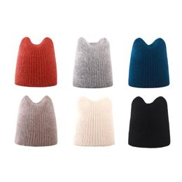 New Winter Hat For Women Fur Skullies Beanie Hat Cat Ears Warm Knitted Female Caps Solid Colour Soft Bonnet Cap For Girls
