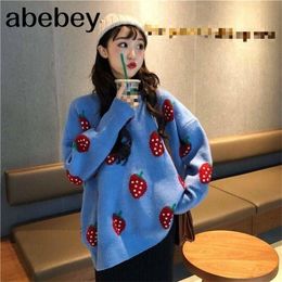 Women Oversized Sweater Pullovers O-neck Strawberry Pattern Printed Pull Jumpers Long Sleeve Street Knit Tops 1E786 201023