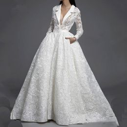 Gorgeous White Full Lace Wedding Dresses With Pockets New 2021 Illusion Top Long Sleeves Deep V Neck Formal Bridal Gowns Wedding Dress