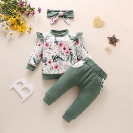 Floral Printed Infant Clothes Sets For 0- Baby Girls Winter Ruffles Tops And Pockets Pants Casual Pullover Newborn Outfits 30 LJ201221