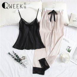 Pajamas for Women Sexy Lace Silk Satin Sleepwear Tops+pants Night Suits V-neck Pijama Mujer Loose Lounge Home Clothes LJ200822