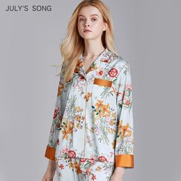 JULY'S SONG Faux Silk Satin Pyjamas Set 2 Piece Women Spring Flower Plant Printing Long Sleeve Sleepwear Pyjamas Suit Home wear Y200708