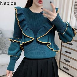 Neploe Ruffles Contrast Color Patchwork Pullovers Jumpers O Neck Lantern Sleeve Sweater Women Vintage Fashion Knitwear 1A489 201119