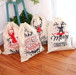 New large capacity linen printing xmas elk backpack drawsting rope christmas gifts bags kids candy sacks Home storage bag