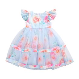 Little girl dress, rose pattern round neck zipper fluffy short-sleeved dress, waist multi-layer dress soft and breathable LJ200923