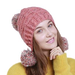 Mixed Color Knitted Beanies Hat Women Wool Earmuffs Hats Lady Winter New Handmade Wool Ball Warm Bonnet Skullies Caps