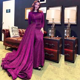 Luxury Glitter Sequin Mermaid Evening Dresses with Remove Train O Neck Long Sleeve Overskirt Bead Belt Celebrity Prom Dress V1