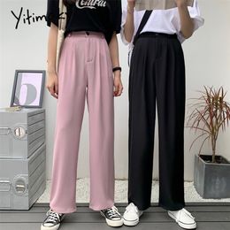 elastic waist pants women formal ladies straight trousers women pink black plus size high waist pants streetwear korean pant LJ201029