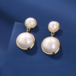 Classic Design Womens Retro Nobility Style 925 Silver Needle Hoop Earrings White Pearl Earring 3.4*1.7CM
