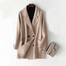 Women Cashmere Midi Length Coat Elegant Turn Down Collar Woollen Coat Drouble Button Design Winter Warm Coat Casaco Feminino 201216