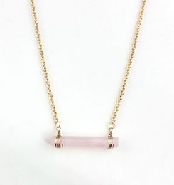 Exquisite Handmade Pink Crystal stick bar Necklaces Polishing Metal Druzy Natural stone Rose Quartz Collar Necklace