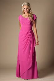 Formal Fuchsia Chiffon Modest Bridesmaid Dresses With Short Sleeves Long Floor Cheap Wedding Party Dresses Fall Maids of Honor Dresses