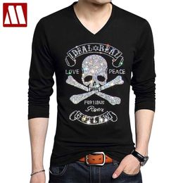 New Skull hot diamond T shirts Stretch Cotton Long sleeve T-shirt Gothic Style men's high quality rhinestone Tshirt Big size 5XL 201202