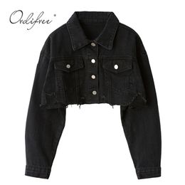 Ordifree Autumn Women Denim Jacket Long Sleeve Fashion Streetwear Casual Loose Outwear Short Ripped Jeans Jacket Coat 201106