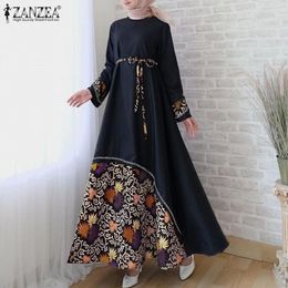 -Lässige Kleider Zanzea Frauen Vintage Langarm Blumendruck Maxi Sommerkleid Herbst Dubai Muslim Hijab Kleid Gürtel Vestido Kaftan Marocain