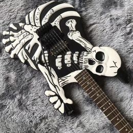 Guitar Black Skull Bones Carved Body Guitar Electric 6 Strings