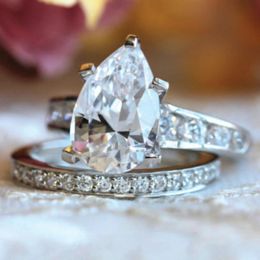 Wedding Rings 2psc Delicate White Diamond Engagement Anniversary Gift Set Ring Size 6-10