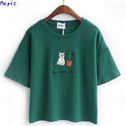 Women's T-Shirt Wholesale-[Magic] Embroidery Cat Cactus Casual T Shirt For Women Cotton Short Loose Style Tops Tee 4color JA22 1