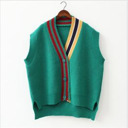 Female Fashion Loose Vest V-neck Button Sweater Open Stitch Casual Striped Cardigan 201027