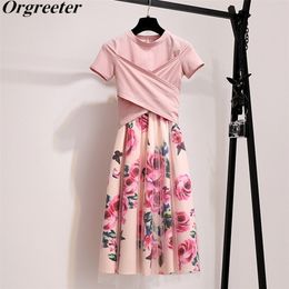 2019 Summer Women Pink Bowknot Irregular T Shirt+ Print Mesh Skirts Sets Crop Tops Charming Floral Knee-length Skirt 2 Piece Set T200702