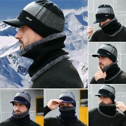 2pcs Mens Winter Warm Hat Knit Visor Beanie Fleece Lined Beanie+ Brim Cap Cycling Caps & Masks