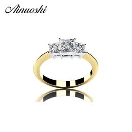 AINOUSHI Yellow Gold Colour Rings Three Stones Princess SONA Engagement Band 925 Sterling Silver for Bridal Wedding Accessories Y200106