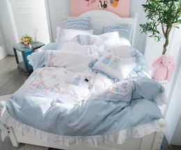 Luxury Egypt Cotton Fairy tales Lace Bedding Set Embroidery Ruffles Duvet cover Bed Sheet Pillowcases Queen King Size 4/6/7Pcs T200706