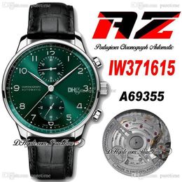 AZF IW371615 A69355 Automatic Chronograph Mens Watch Steel Case Green Dial Silver Number Markers Black Leather Strap Stopwatch Super Edition Puretime E5