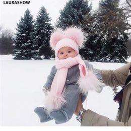 LAURASHOW Real Raccoon Fox Fur Ball Pompoms Hat With Scarf For Kids Knit Baby Winter Cap Y201024