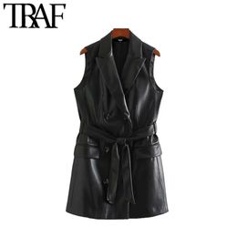 TRAF Women Street Fashion Double Breasted PU Faux Leather Waistcoat Vintage With Belt Pockets Female Outerwear Chic Top 201214